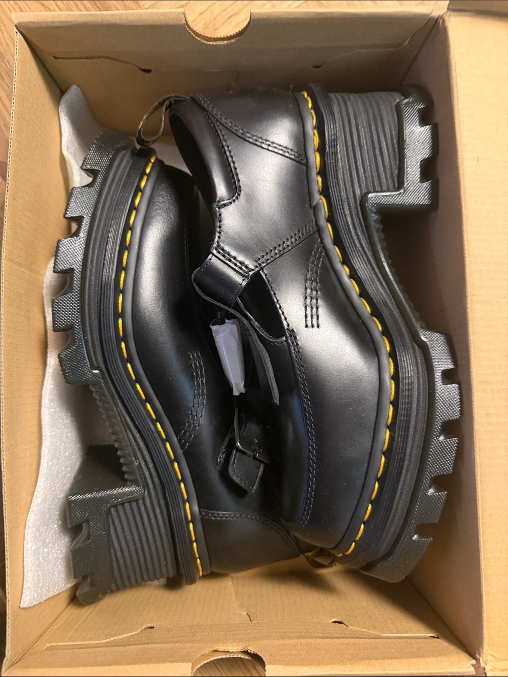 Dr. Martens Black Leather Chunky Strap Loafers with Yellow Stitching woman’s  9